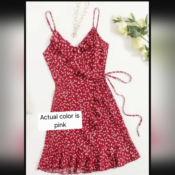 Pink Heart-Print Ruffle Wrap Dress - Picture 9 of 13